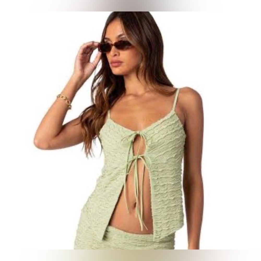 Edikted Tie Front Tank Top S Sage‎ Green Textured Ruched Crop Camisole Y2K